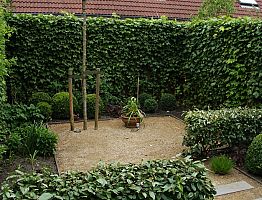 Dwars geplaatste haagjes geven een tuin diepte.